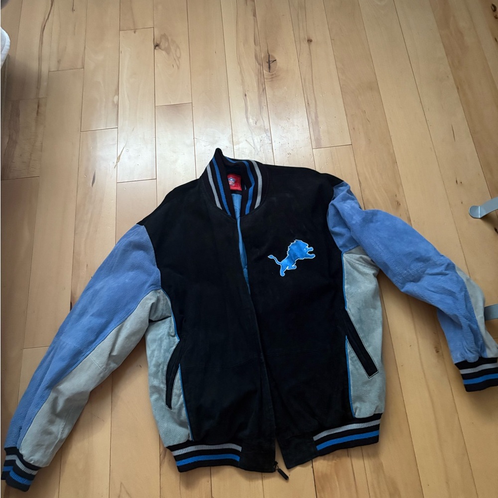 Men's G-III Suede Black and Blue Detroit Lions Bomber Jacket Size XL